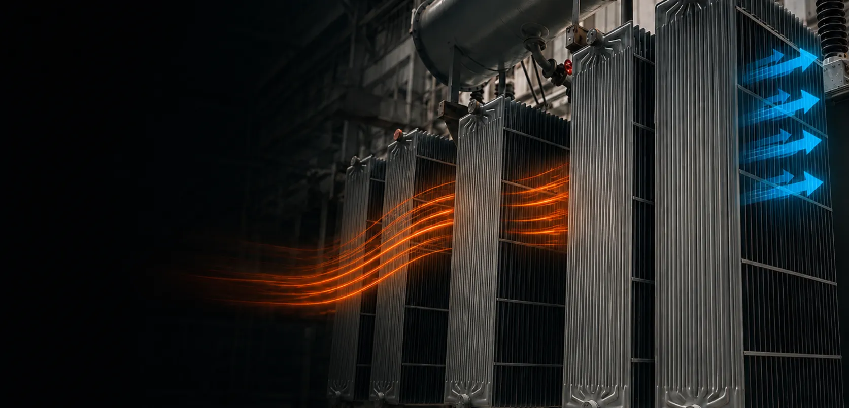 Transformer with pressed steel radiators dissipating heat